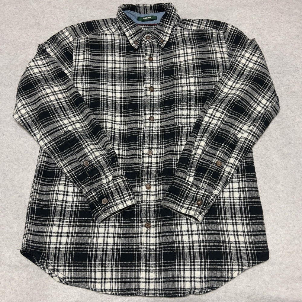 Woolrich Shirt Men's Medium Black Tartan Plaid Trout Run Outdoors Hiking Camping